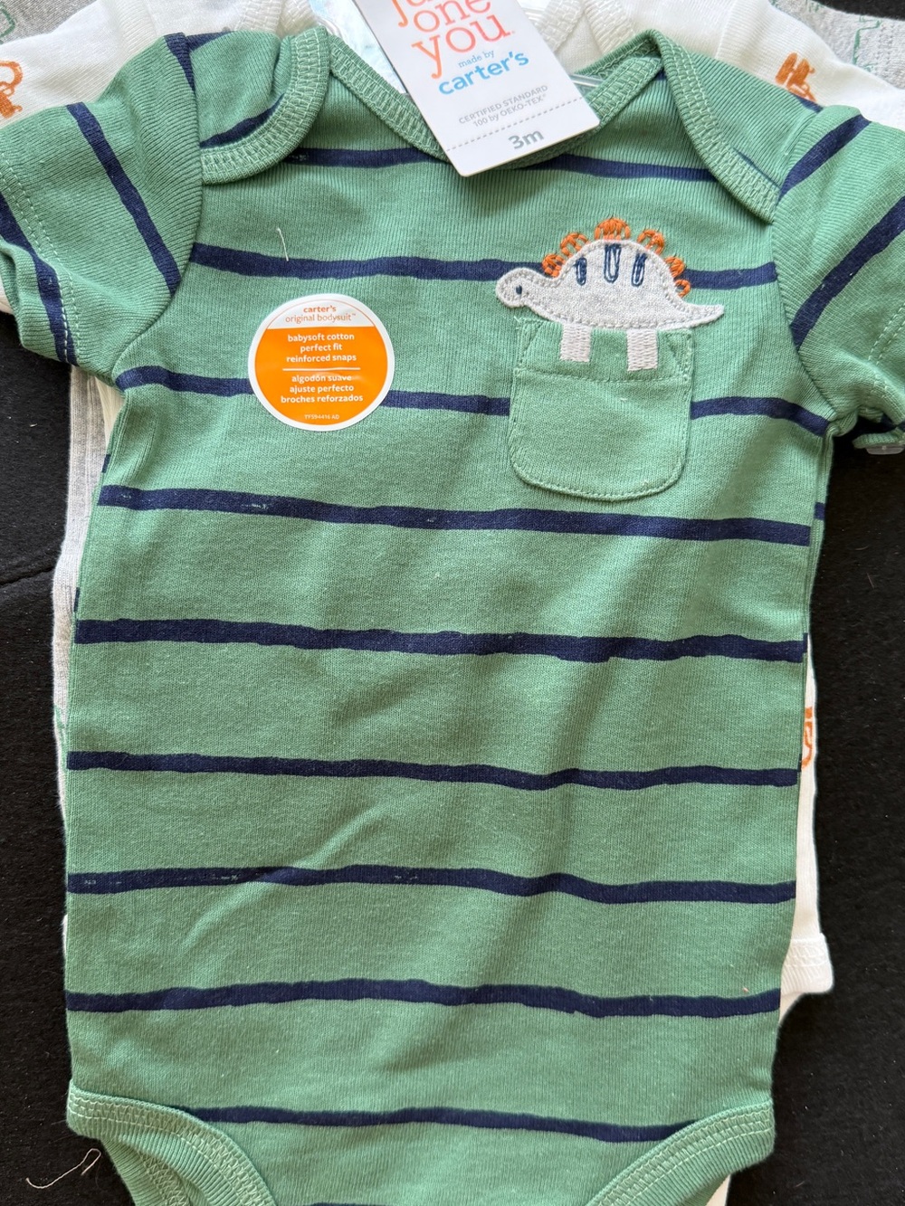 Carter's Green and Navy Striped Dino Pocket Bodysuit with Orange Accent